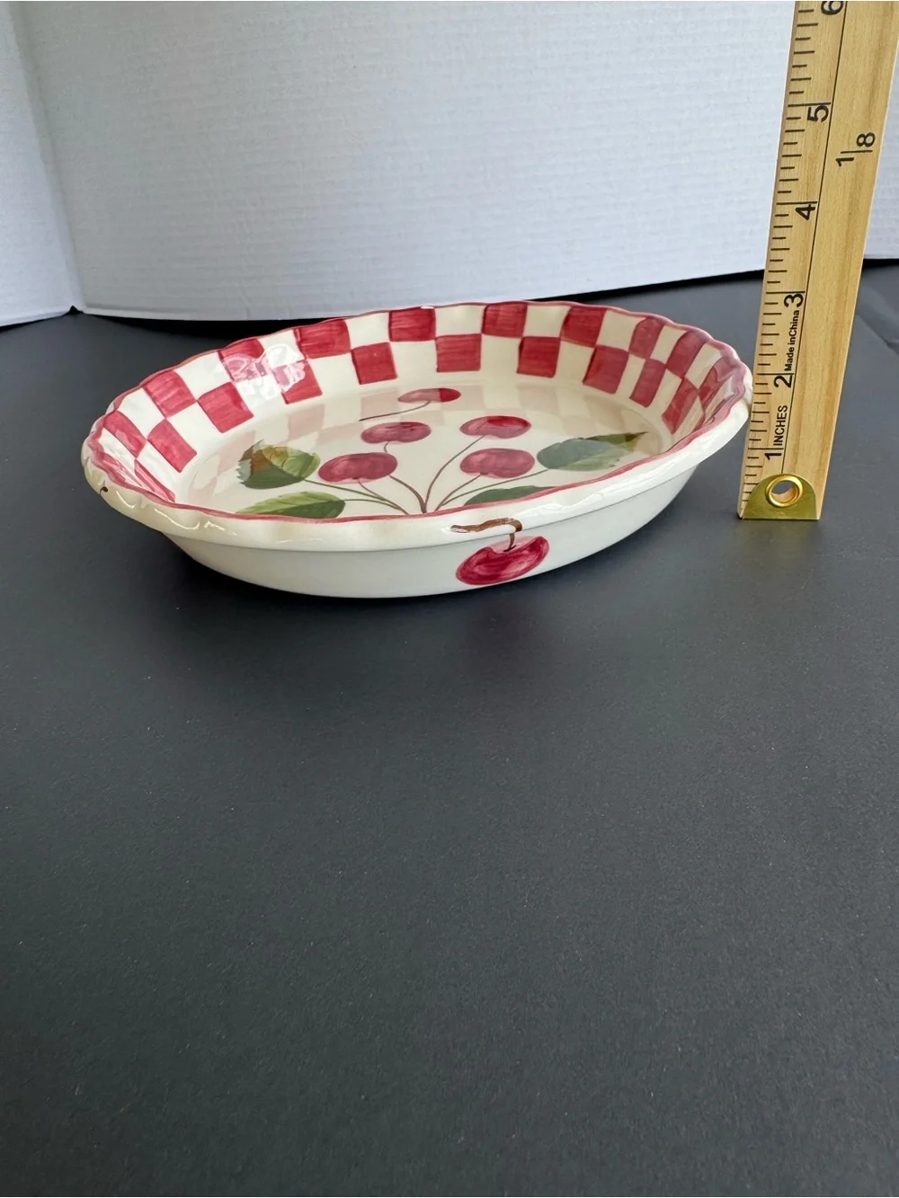 Williams Sonoma Red Cherry Check Ceramic Serving Bowl
